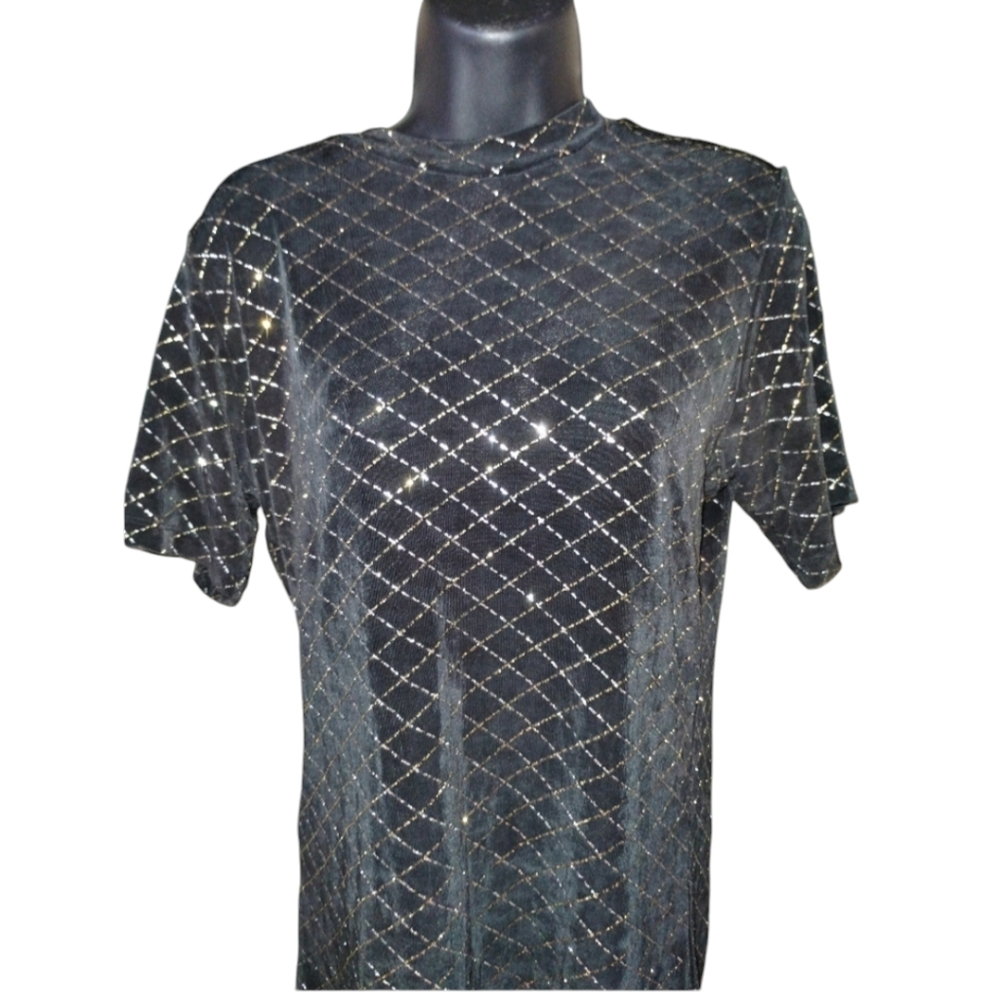 Marcia outer wear black and sparkly gold detailed top, short sleeves